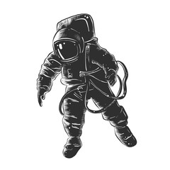 Vector engraved style illustration for posters, decoration and print. Hand drawn sketch of astronaut in monochrome isolated on white background. Detailed vintage woodcut style drawing.