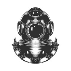 Vector engraved style illustration for posters, decoration and print. Hand drawn sketch of diving helmet in monochrome isolated on white background. Detailed vintage woodcut style drawing.