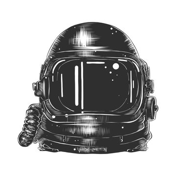 Vector engraved style illustration for posters, decoration and print. Hand drawn sketch of astronaut helmet in monochrome isolated on white background. Detailed vintage woodcut style drawing.