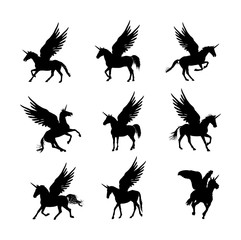 Cute magic Unicorn Pegasus vector silhouette isolated on white background. Pegasus silhouette, majestic mythical Greek winged horse.  Mythology flying Horse from dream. Symbol of freedom.