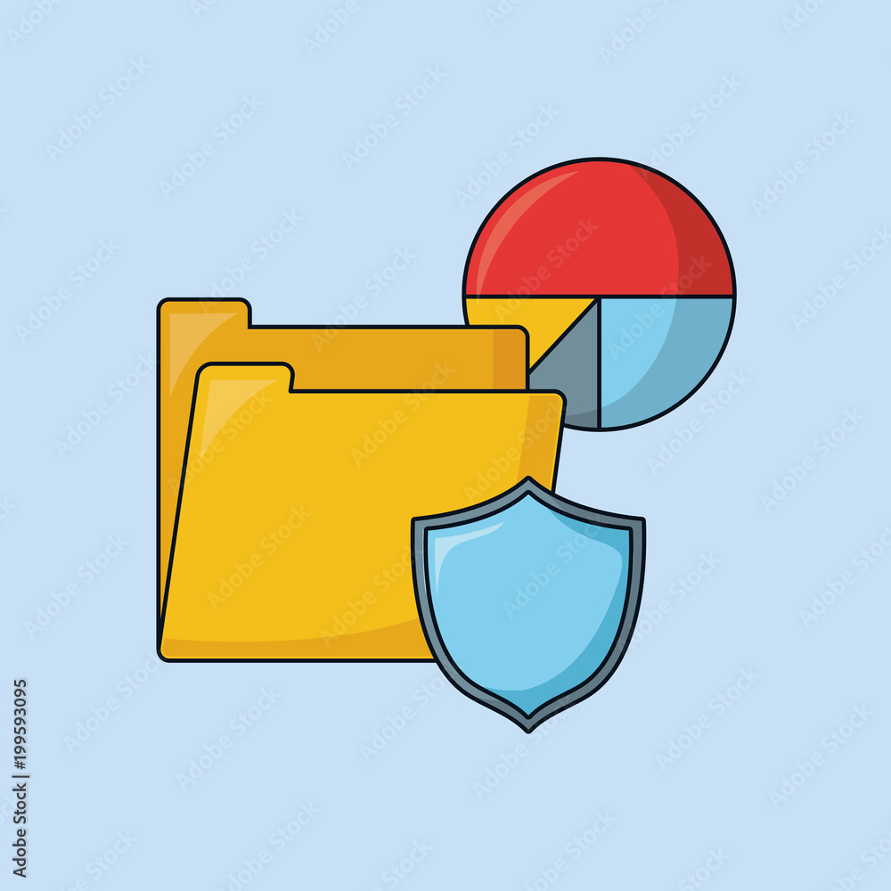 Poster seo design with document folder with pie chart and shield over blue background, colorful design. vec