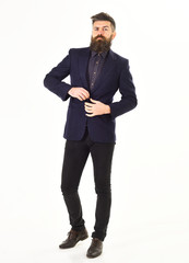 Brutal man with long beard and arrogant face.