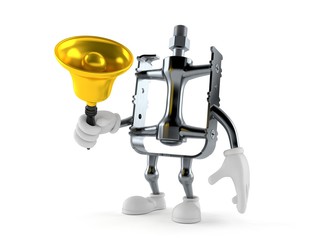 Naklejka premium Bicycle pedal character holding a hand bell