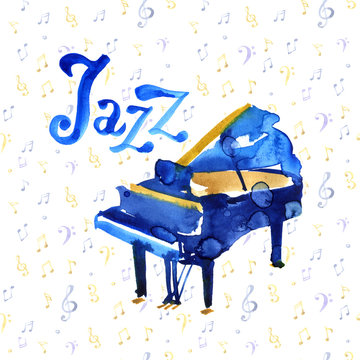 Watercolor sketch grand piano on a white background. Jazz illustration