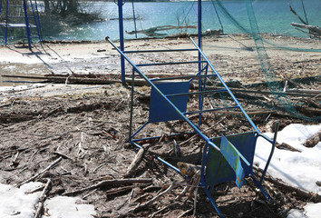 abandoned volleyball completely destroyed with the chair of the