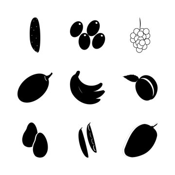 icon Fruits And Vegetables with mango, cocuber, berry, vintage vine and fruit