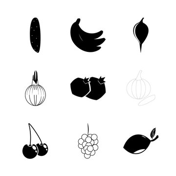 icon Fruits And Vegetables with vintage vine, cuke, black cherry, sweet cherry and cherries
