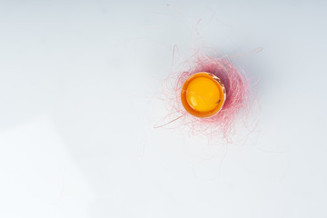 Yolk of broken egg in eggshell decorated with pink sisal nest on the minimalist white background