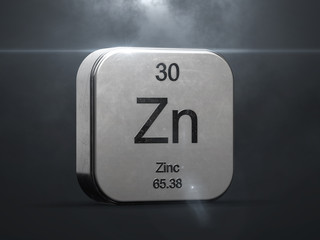 Zinc element from the periodic table. Metallic icon 3D rendered with nice lens flare