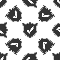 Shield with check mark icon seamless pattern on white background. Flat design. Vector Illustration