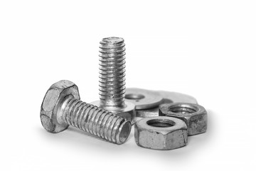 bolts, washers and nuts isolated on white background. clipping