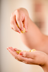 Close up of woman holding in her hands a star gooseberry fruit. Phyllanthus acidus, known as the Otaheite gooseberry, damsel, grosella