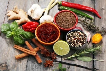 Spices and herbs on table. Food and cuisine ingredients.