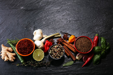 Spices and herbs on table. Food and cuisine ingredients.