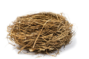 Horizontal close-up shot of an empty bird's nest on a white background.