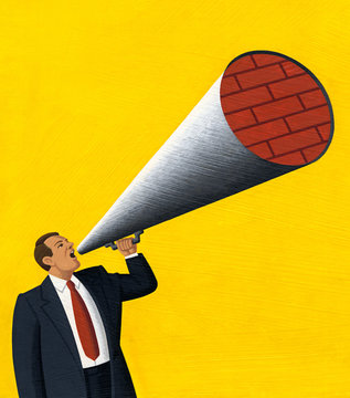 Illustration of a man talking into a megaphone blocked by bricks