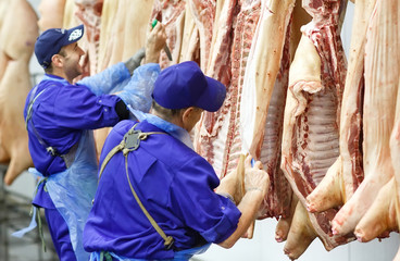 Butcher cutting pork  at the meat manufacturing.
