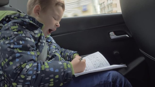 Boy is being bored with car travel and trying to entertain himself with solving logic chess puzzles