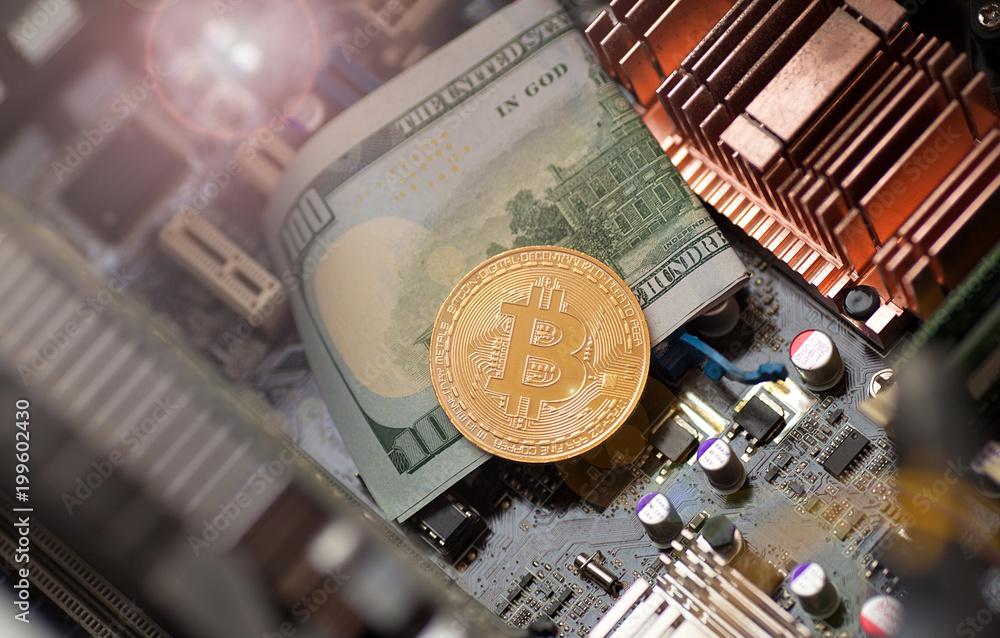 Poster bitcoin. gold bitcoin electronic computer processor board.