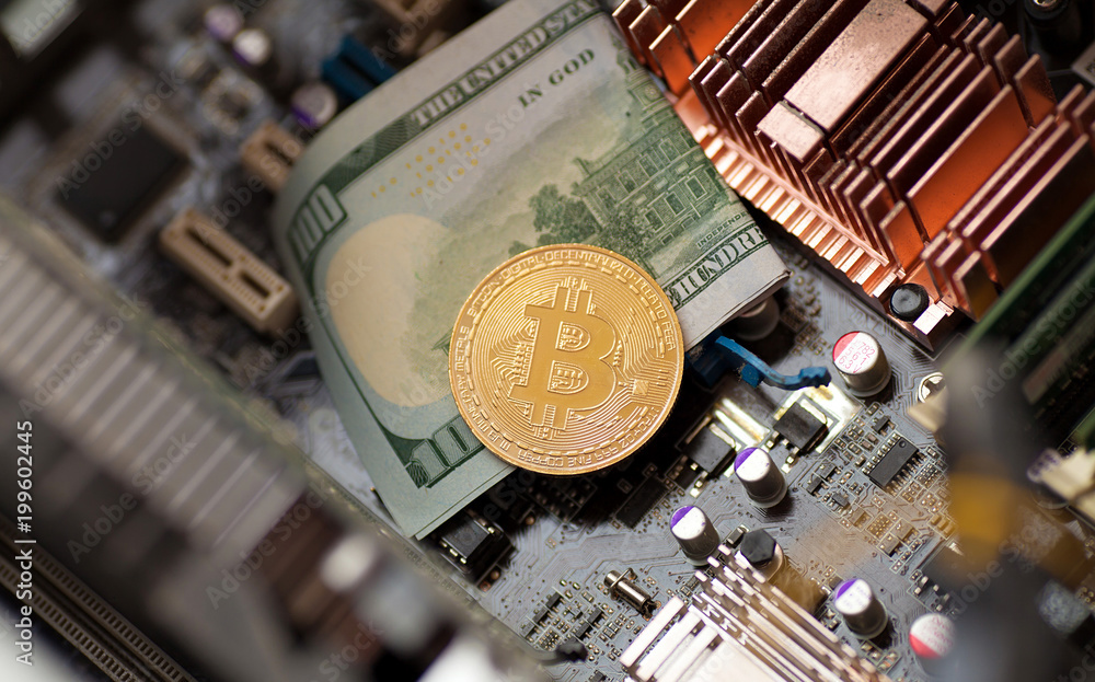 Poster bitcoin. gold bitcoin electronic computer processor board.