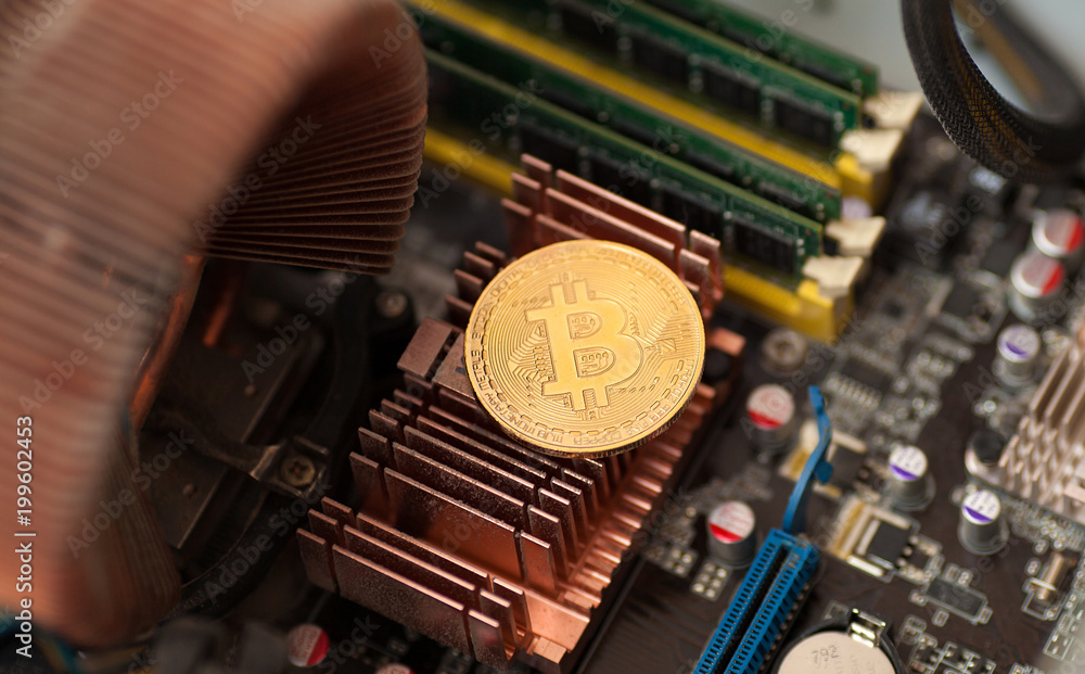 Poster bitcoin. gold bitcoin electronic computer processor board.