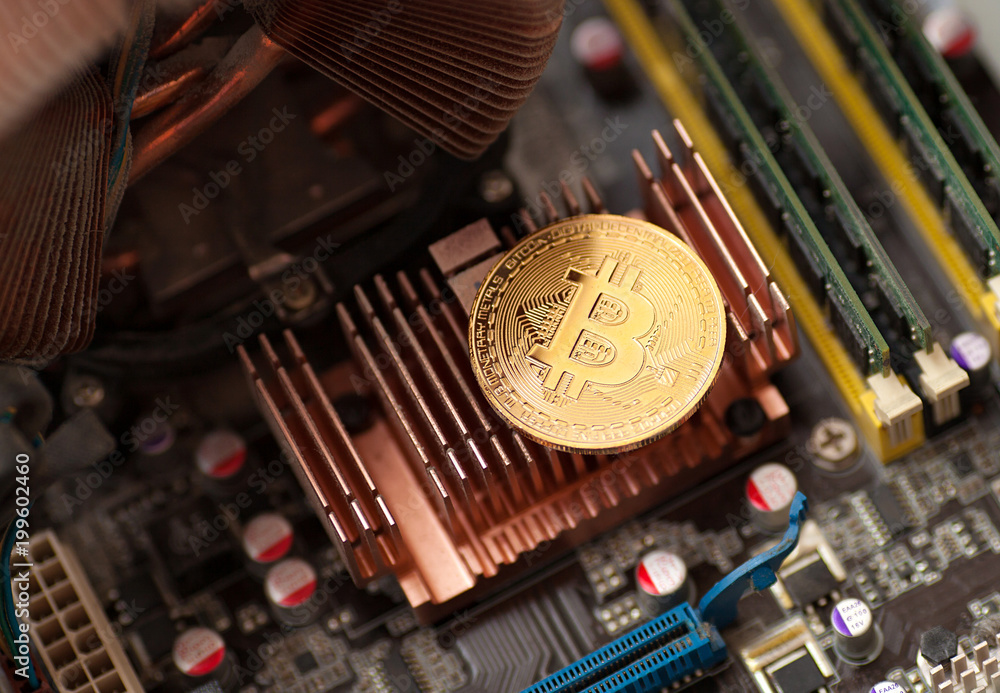Poster bitcoin. gold bitcoin electronic computer processor board.