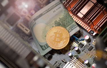 Bitcoin. Gold Bitcoin electronic computer processor board.