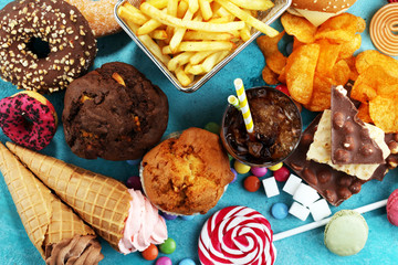 Unhealthy products. food bad for figure, skin, heart and teeth.