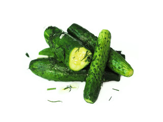 Salted, crunchy cucumbers with dill and garlic isolated close-up on a white background. Pickle,...