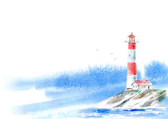 Landscape of a lighthouse and the ocean and sky.Sea picture.Watercolor hand drawn illustration.White background.