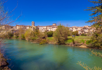 Fototapeta premium Rieti (Italy) - The historic center of the Sabina's provincial capital, under Mount Terminillo with snow and crossed by the river Velino.