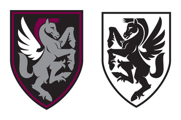 Vector image of a heraldic shield with a heraldic horse with wings on a white background. Coat of arms, heraldry, emblem, symbol.