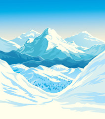 Obraz premium Zimowy krajobraz górski ze stromymi zboczami wzdłuż krawędzi. Ilustracji wektorowych.