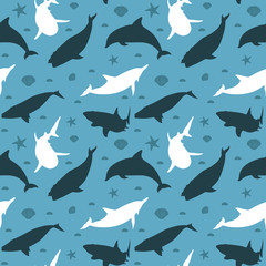Naklejka premium Seamless Pattern of Big Marine Whale Dolphin Shark