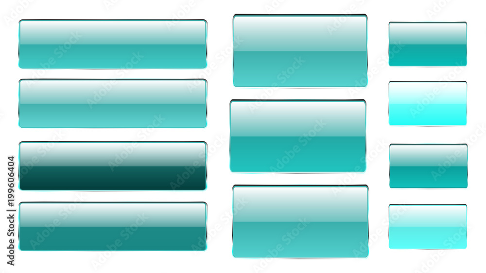 Poster set of blue rectangular and square glass transparent bright beautiful vector buttons of different sh