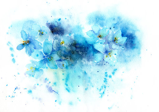 Watercolor Background Of Blue Flowers