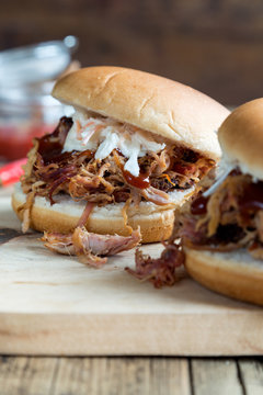 homemade pulled pork burger with coleslaw