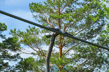 Steel rope of the funicular. Manzherok, Altai mountains. Russia