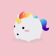 Illustration of a kawaii cute fat unicorn running happily over a pink background.
