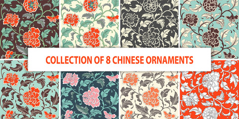 Ornamental colored antique floral hand drawn pattern. Chinese traditional flower graphic style background for template, cover page design, fabric, textile, decoration, cards, prin. Vector illustration