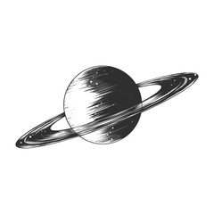 Fototapeta premium Vector engraved style illustration for posters, decoration and print. Hand drawn sketch of saturn planet in monochrome isolated on white background. Detailed vintage woodcut style drawing.