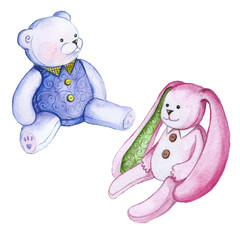 Watercolor drawing set of plush toys, Teddy bear and Bunny, pink Bunny with pattern and lilac Teddy bear in clothes in animation style, children's drawing for decoration and design