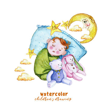 Watercolor painting print children's illustration with a child in the diaper, the baby is sleeping on the pillow, around the stars and clouds, sitting next to a soft toy Bunny and bear, plush toy for 