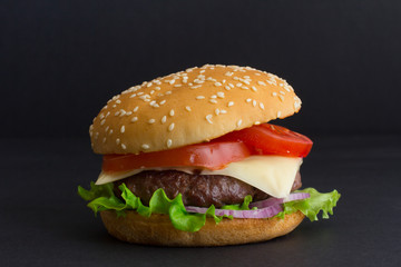 beef hamburger with cheese, fresh tomatoes, red onion and lettuce on black background