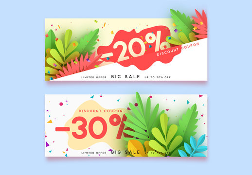 Horizontal sale banner border. Discount coupon cards, headers website. Vector design paper art. Price offer posters, flyers brochure. Design of tropical leaves of different colors in style paper art