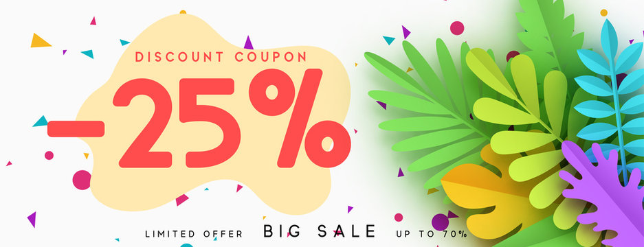 Horizontal sale banner border. Discount coupon cards, headers website. Vector design paper art. Price offer posters, flyers brochure. Design of tropical leaves of different colors in style paper art