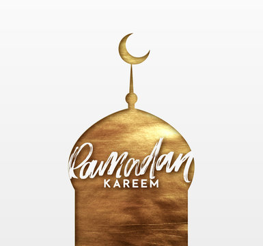 Ramadan greeting card with calligraphy Ramadan Kareem. Islamic background half a month with mosques in golden luxury gradient texture