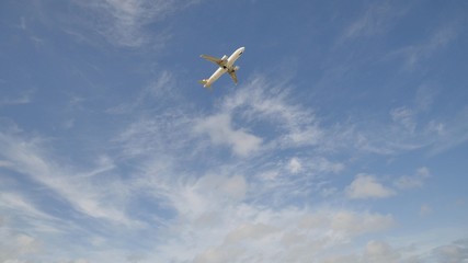Airplane take off against the blue sky