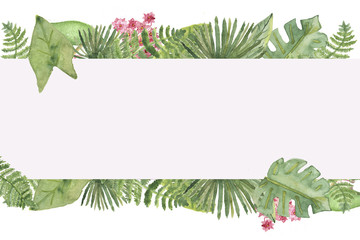 Watercolor tropical banner with leaves and flowers