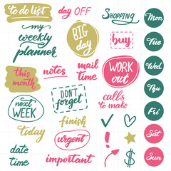 Set of lettering for daily planning and to do lists. Vector illustration.